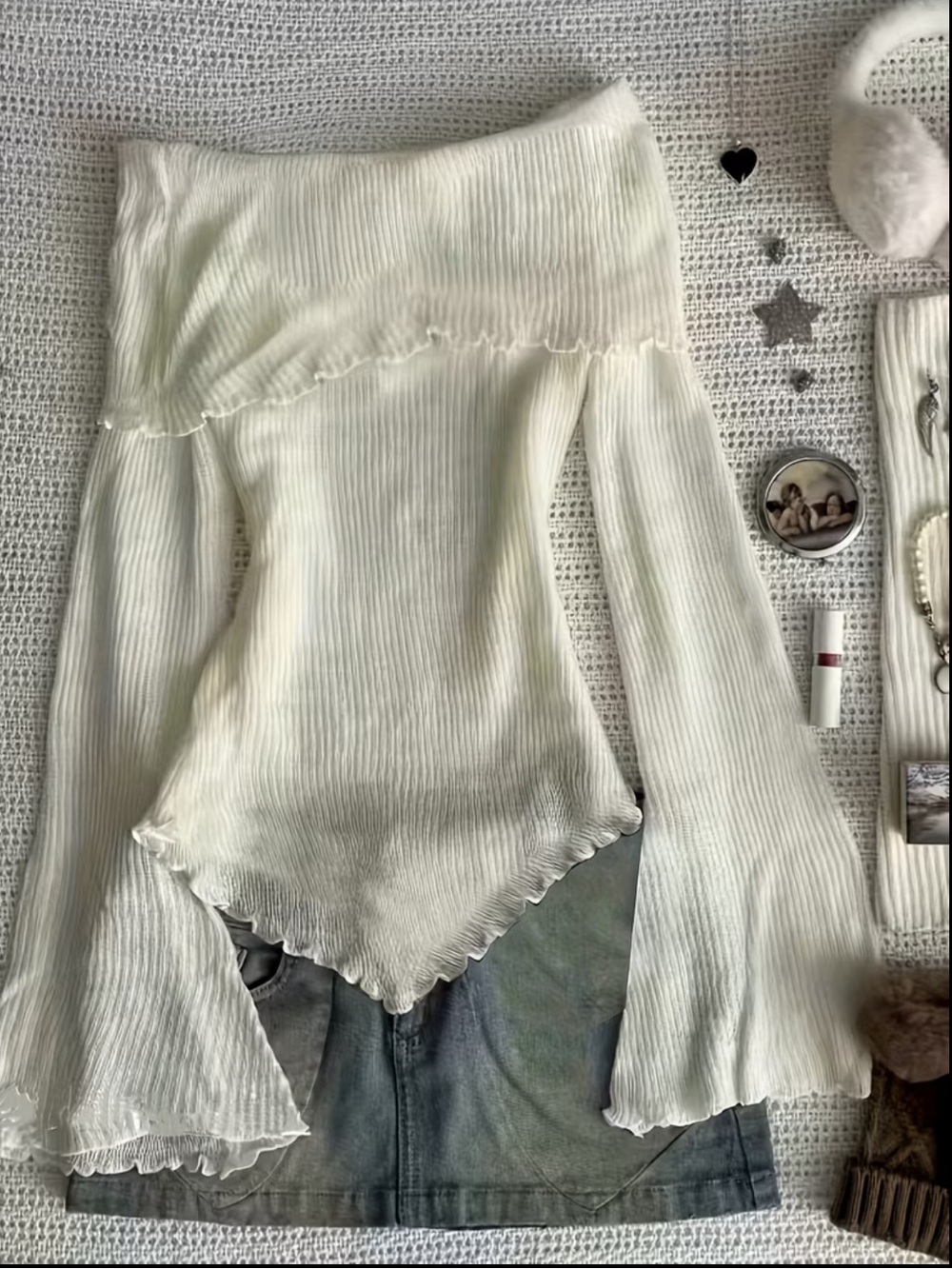 Elegant Off-Shoulder Cream Ribbed Knit Top - Picture 2 of 2